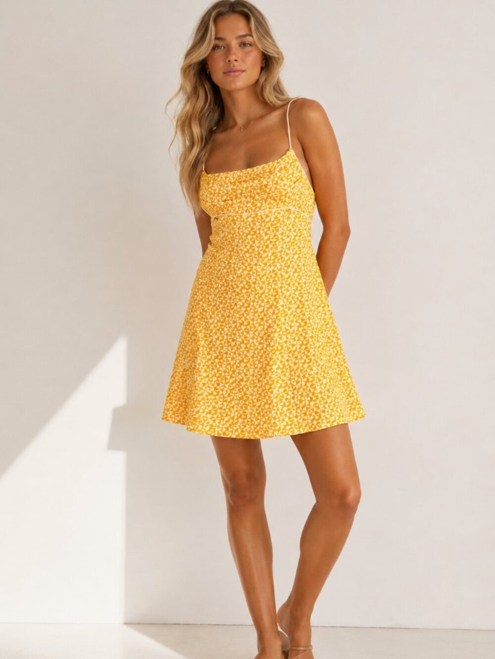 Free People Yellow Kai Printed Empire Waistline Mini Dress Size XS 8246